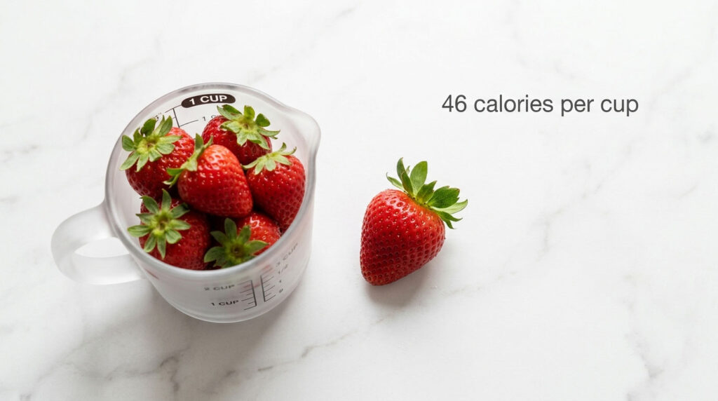 A measuring cup filled with fresh strawberries and one strawberry beside it on a marble surface.