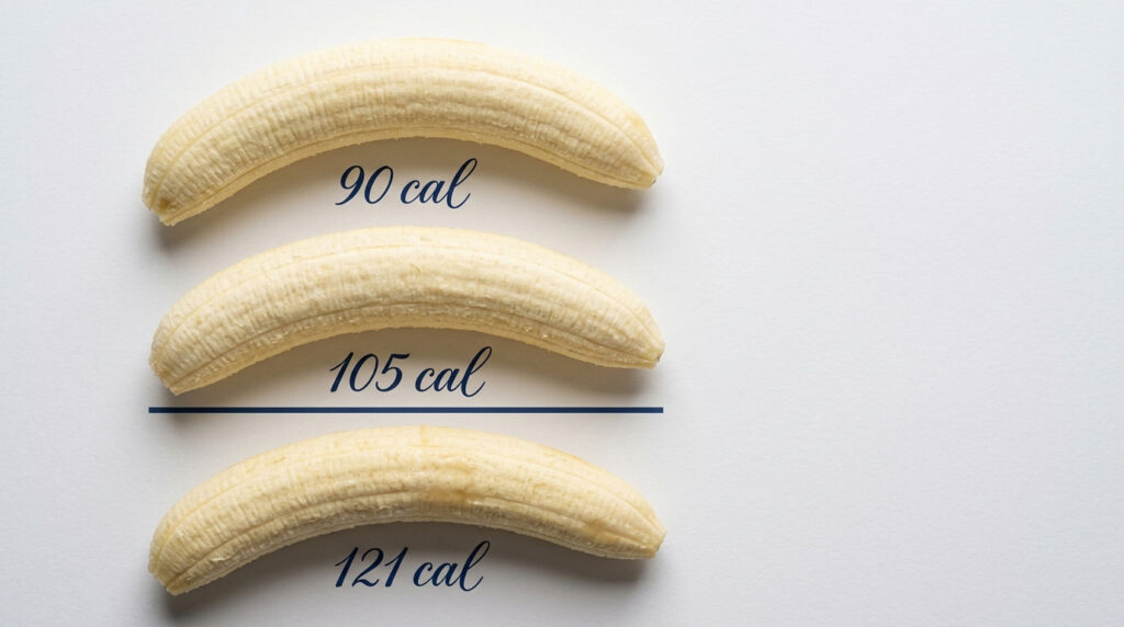 Three bananas on a white background, labeled with calorie counts: 90 cal, 105 cal, and 121 cal.