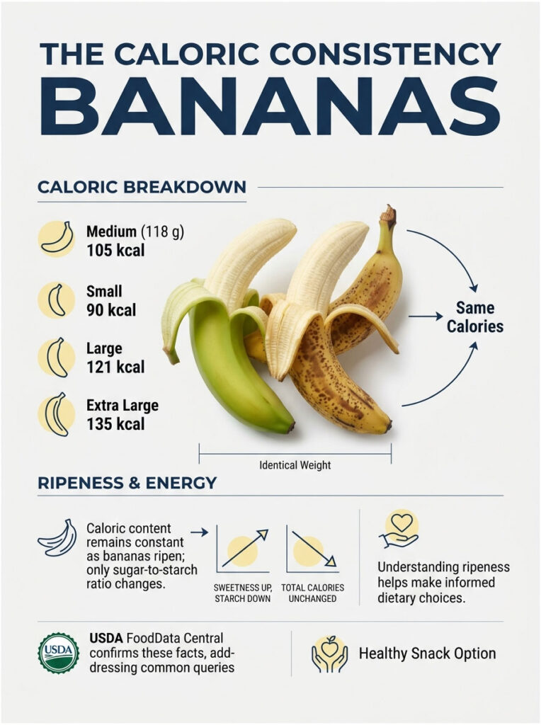 Infographic showing caloric breakdown of bananas by size and ripeness effects on energy content.