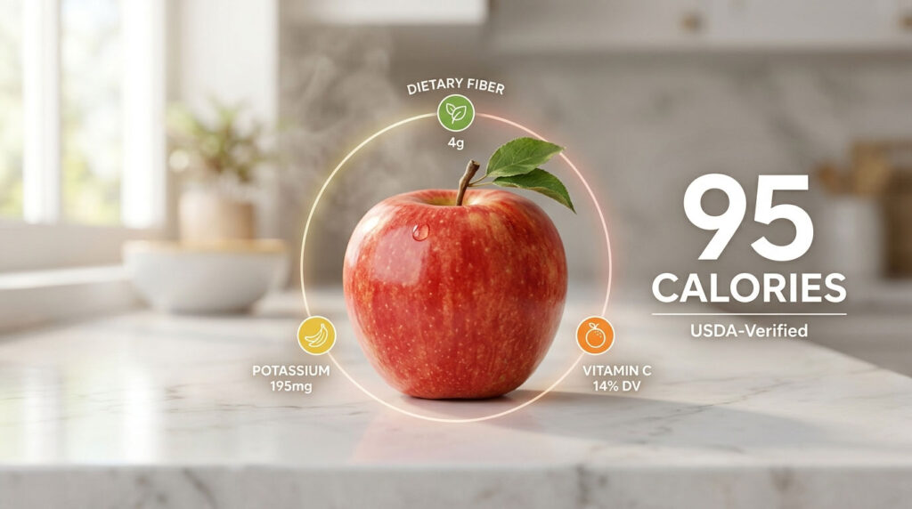 A shiny red apple with a leaf sits on a marble countertop, surrounded by nutritional information icons.
