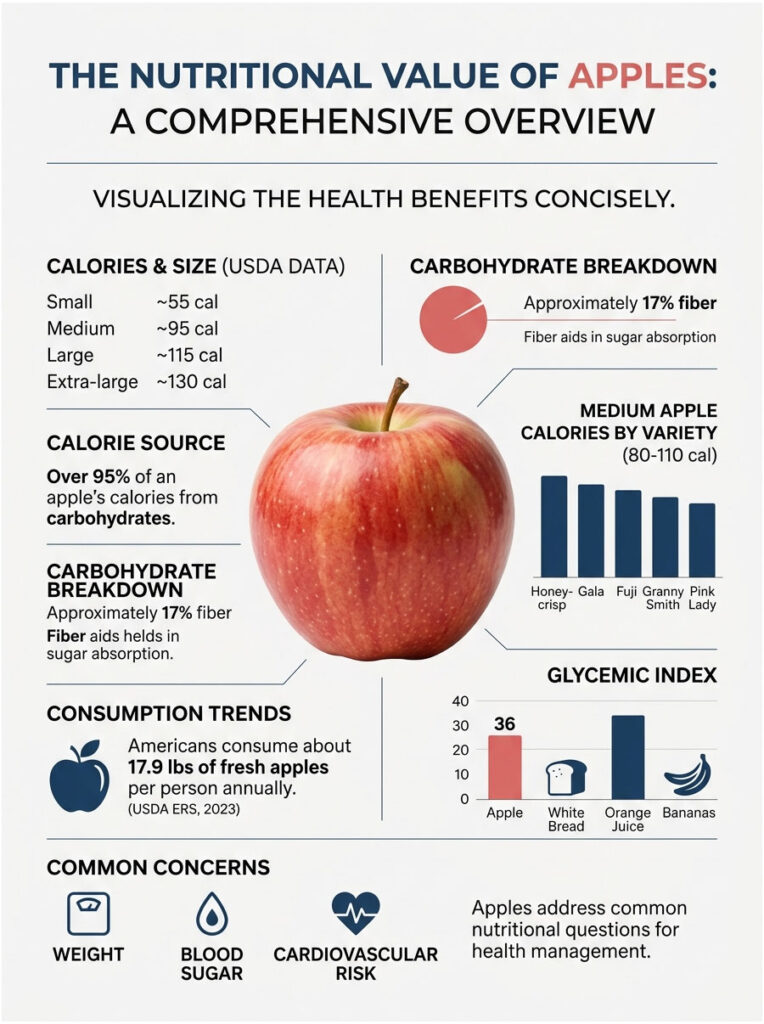 Infographic showing the nutritional value of apples, including calories, carbohydrate breakdown, and glycemic index.