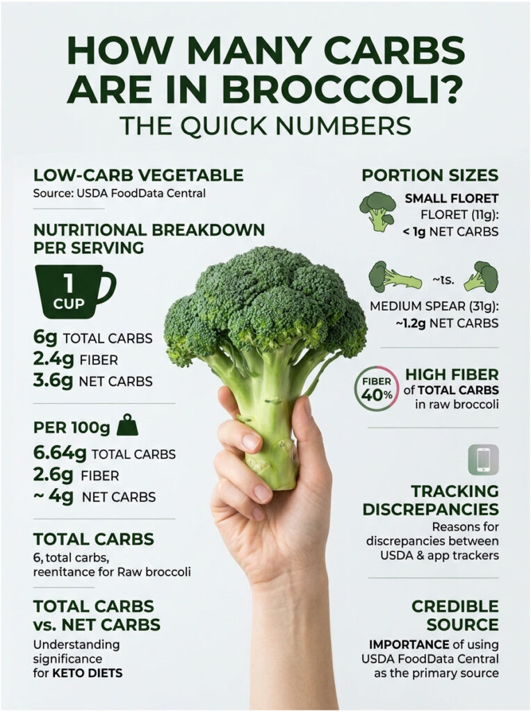 Infographic detailing carbohydrate content in broccoli, including serving sizes and nutritional breakdown.