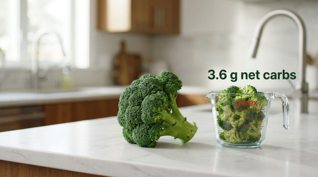 Fresh broccoli sits next to a measuring cup filled with chopped broccoli and nutritional information visible.