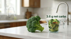 Fresh broccoli sits next to a measuring cup filled with chopped broccoli and nutritional information visible.