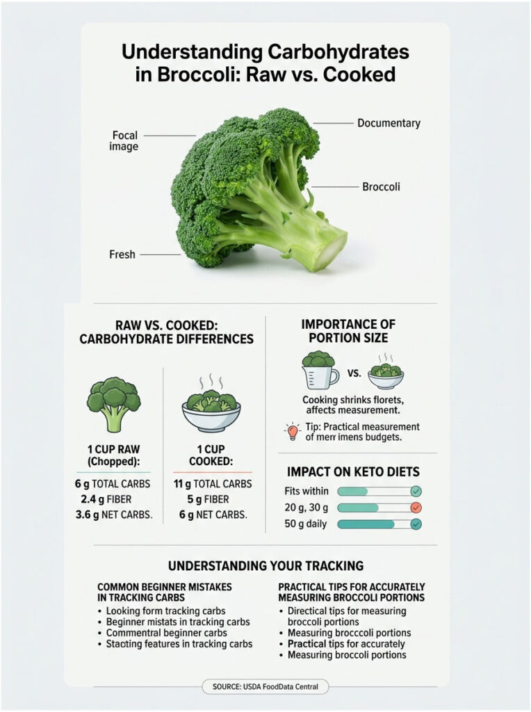 Infographic comparing carbohydrates in raw and cooked broccoli, showing nutritional values and portion size tips.