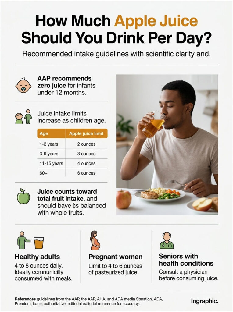 Infographic showing apple juice intake recommendations for different age groups and health conditions.
