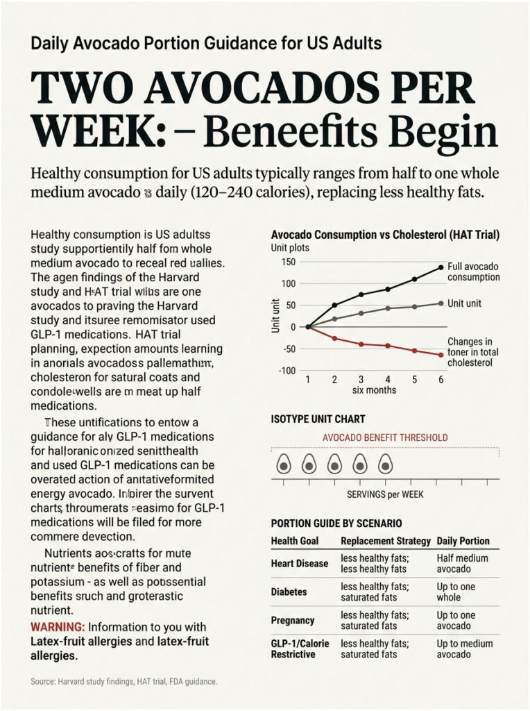 Infographic showing avocado consumption guidelines, benefits, and cholesterol effects with charts and data points.