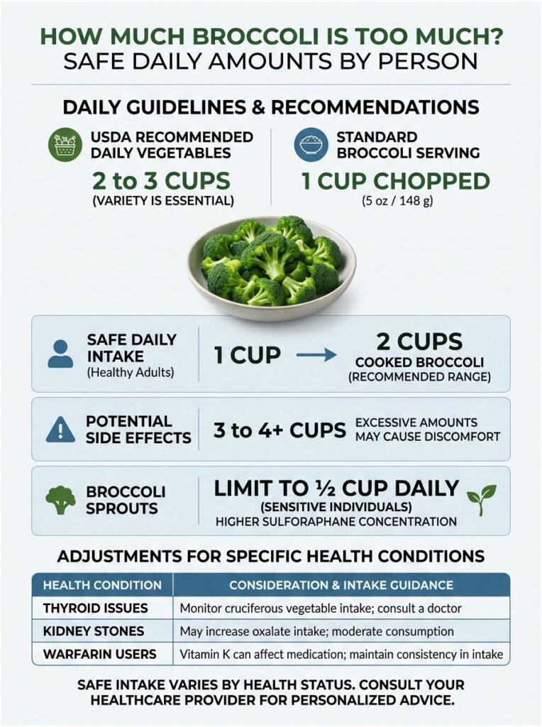 Infographic detailing safe daily broccoli intake, including guidelines, serving sizes, and health considerations.