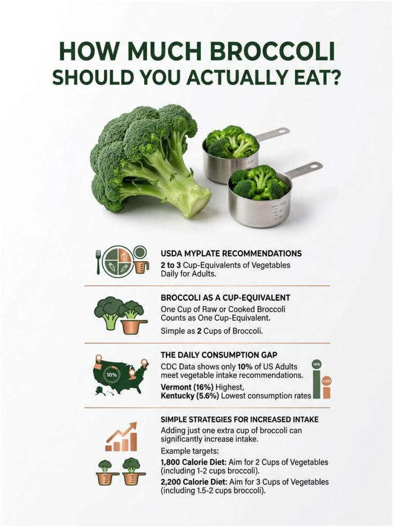 Infographic showing broccoli, measuring cups, and vegetable intake recommendations for adults.