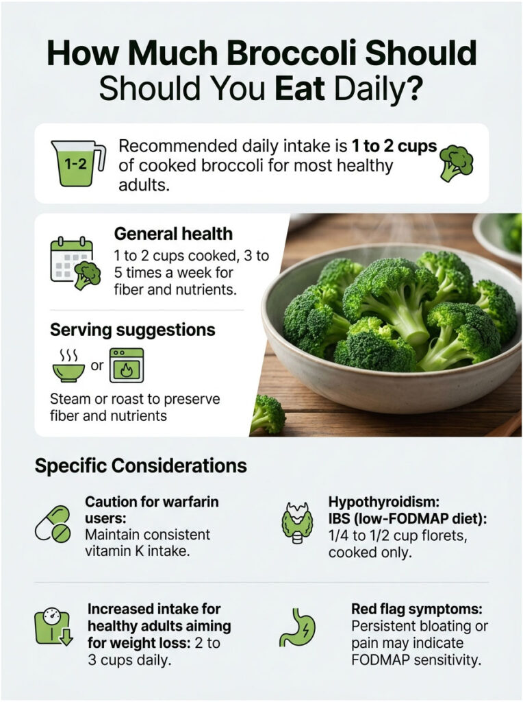 Infographic showing broccoli intake recommendations, serving suggestions, and health considerations for adults.