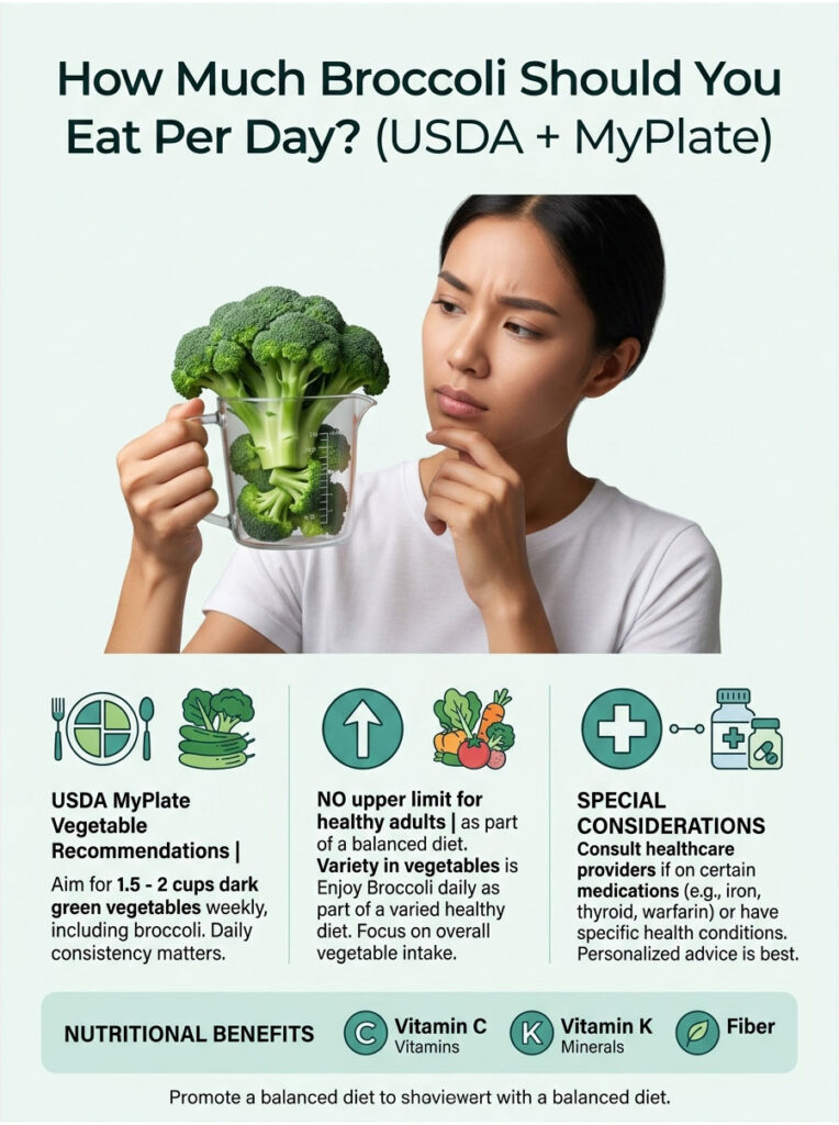 A woman holds a measuring cup of broccoli, with text about daily broccoli intake and USDA recommendations. Infographic.