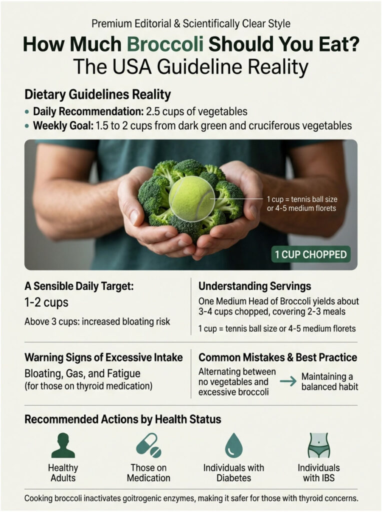 Infographic detailing broccoli consumption guidelines with charts, serving sizes, and health recommendations.