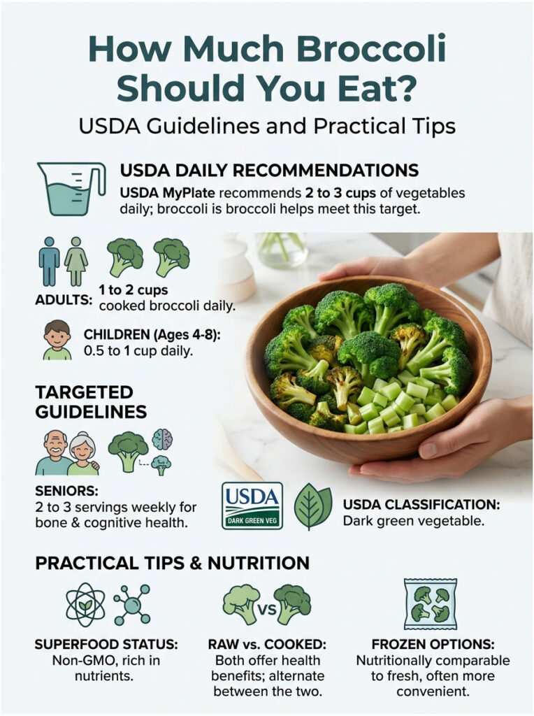 Infographic showing USDA guidelines for broccoli consumption with recommendations for adults, children, and seniors.