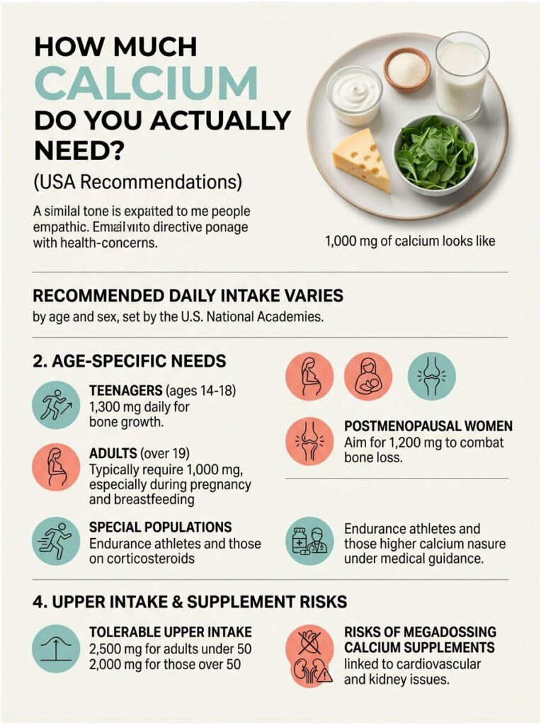 Infographic showing calcium needs by age, including food sources and intake recommendations for different groups.