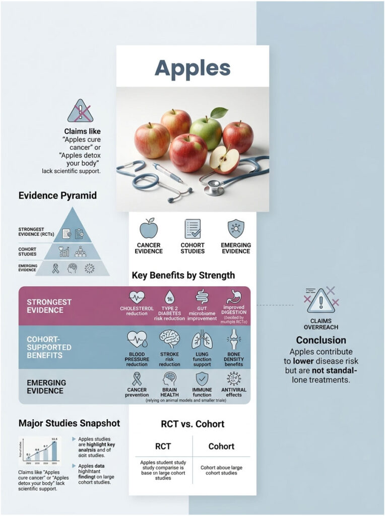 Infographic titled "Apples" showing health claims, evidence pyramid, and benefits of apples with images of apples and stethoscope.