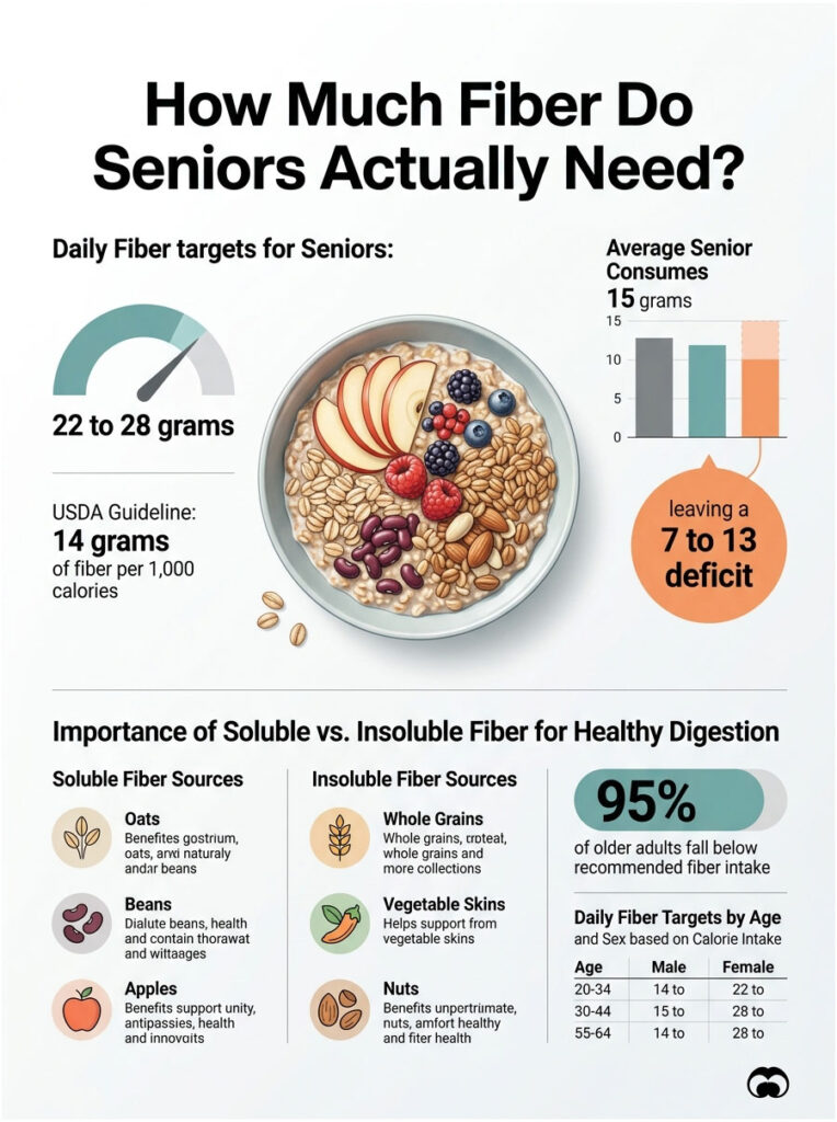 Infographic showing fiber needs for seniors, daily targets, and sources of soluble and insoluble fiber.