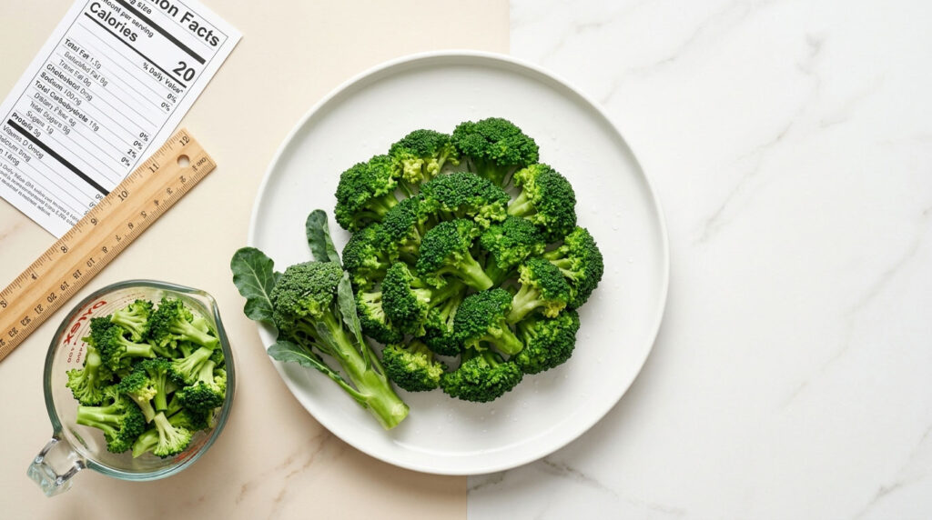 Fresh broccoli arranged on a white plate with a measuring cup and nutrition label nearby.