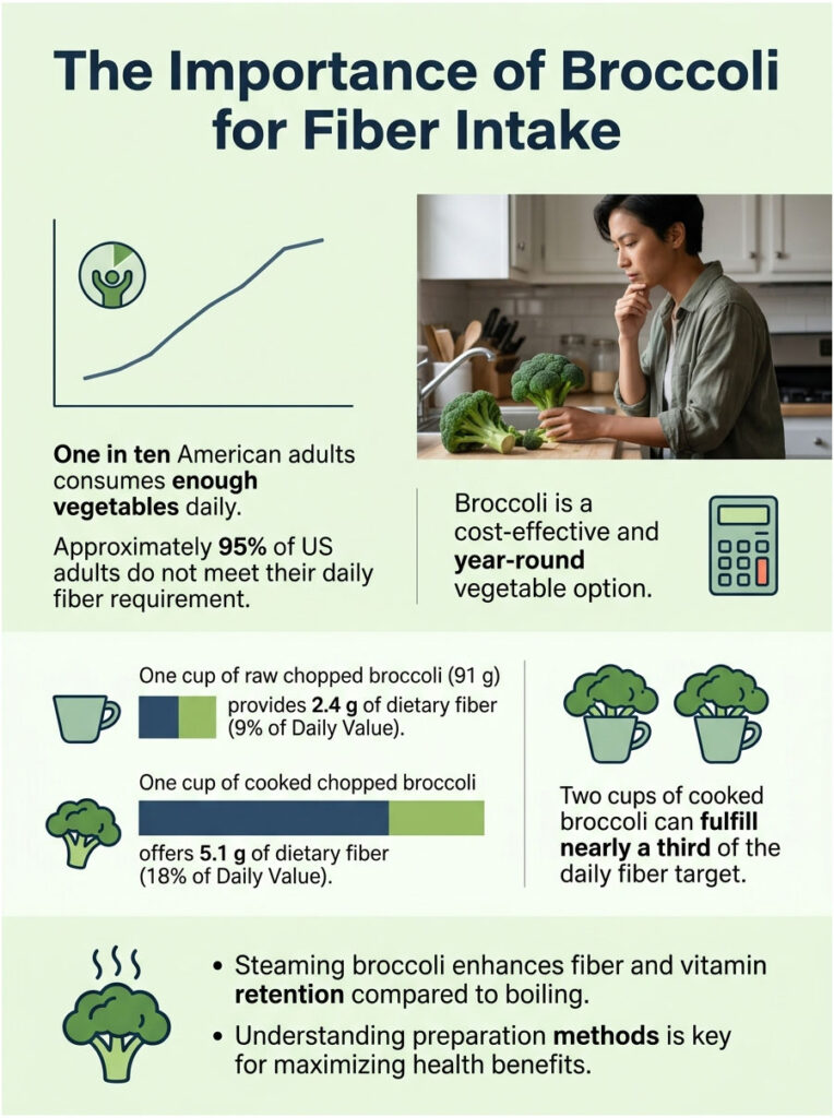 Infographic showing broccoli's fiber benefits, statistics, and preparation methods for health enhancement.