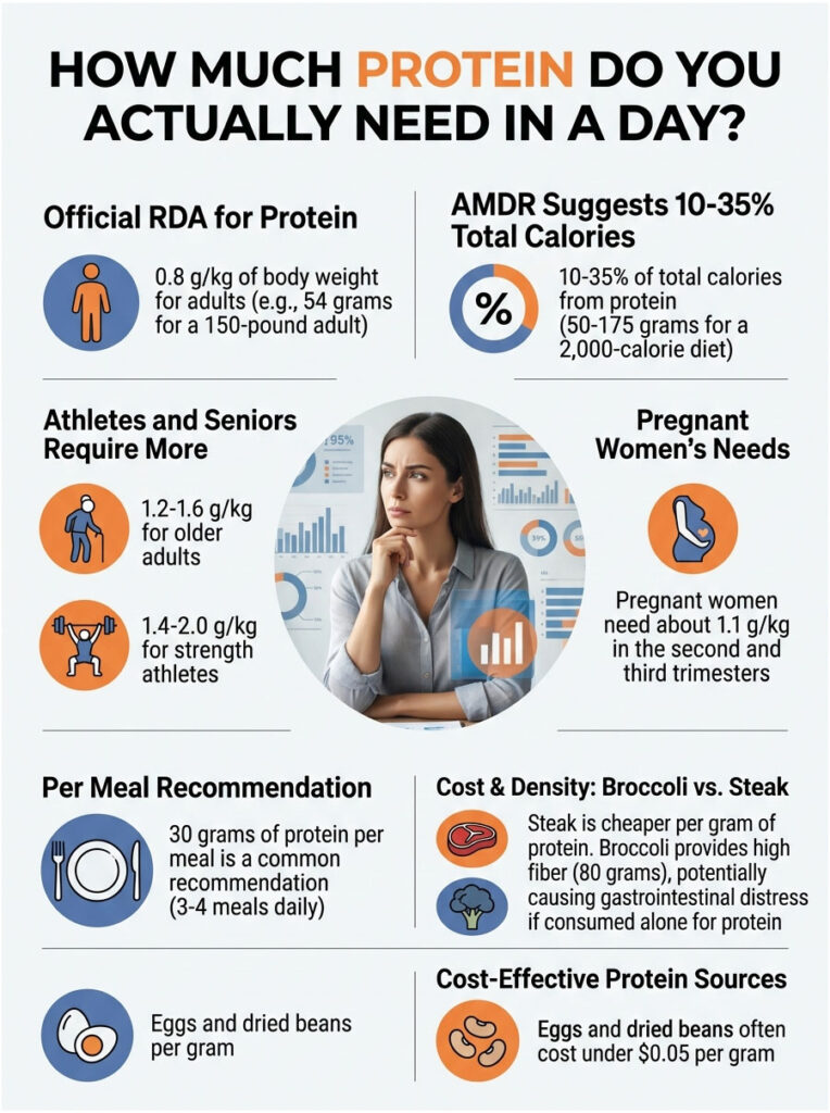 Infographic detailing daily protein needs, including RDA, recommendations for athletes, and cost-effective sources.