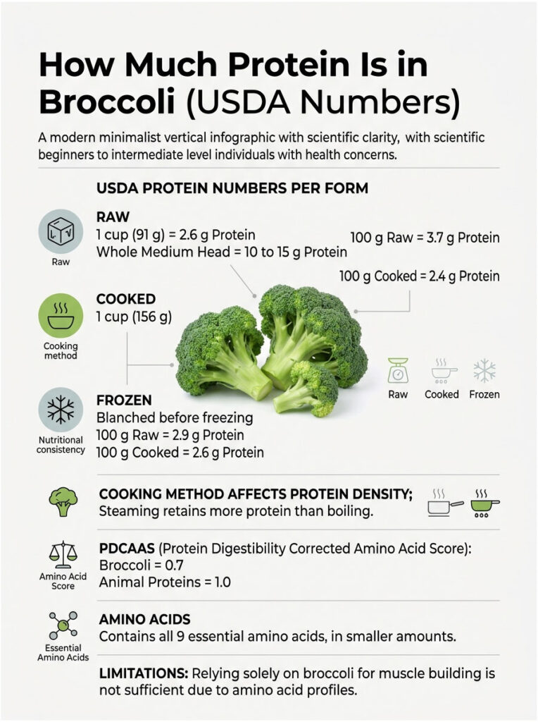 Infographic showing protein content in broccoli, including raw, cooked, and frozen forms with statistics and icons.