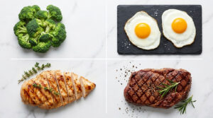 Fresh broccoli, grilled chicken breast, fried eggs, and steak arranged on a marble surface.