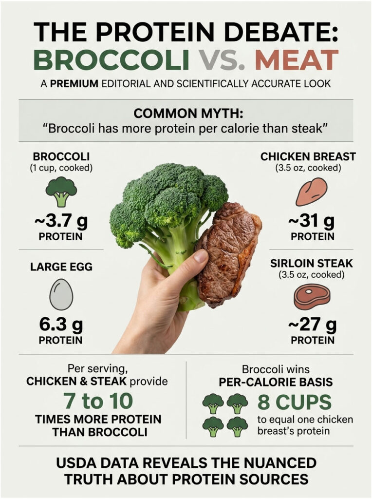 Infographic comparing protein content in broccoli, chicken breast, and sirloin steak with visuals and data points.