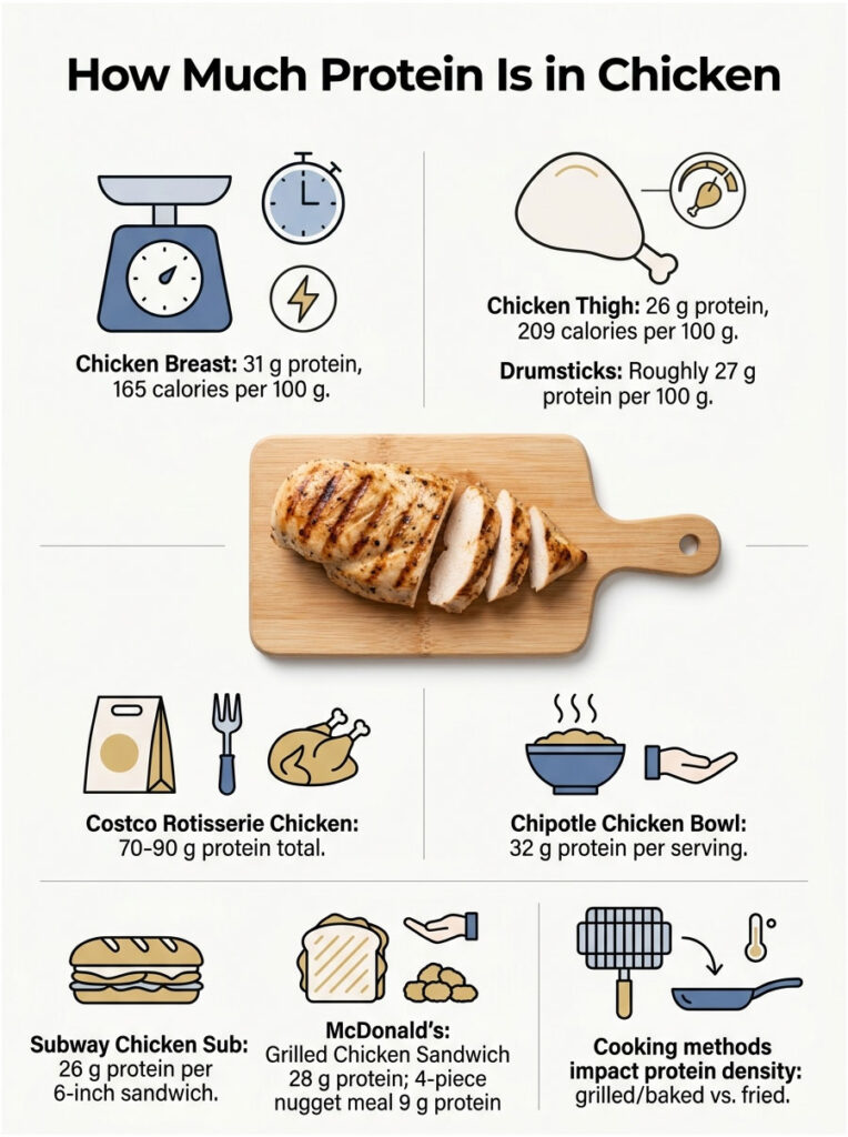Infographic showing protein content in chicken cuts and meals, including chicken breast, thighs, and fast food options.