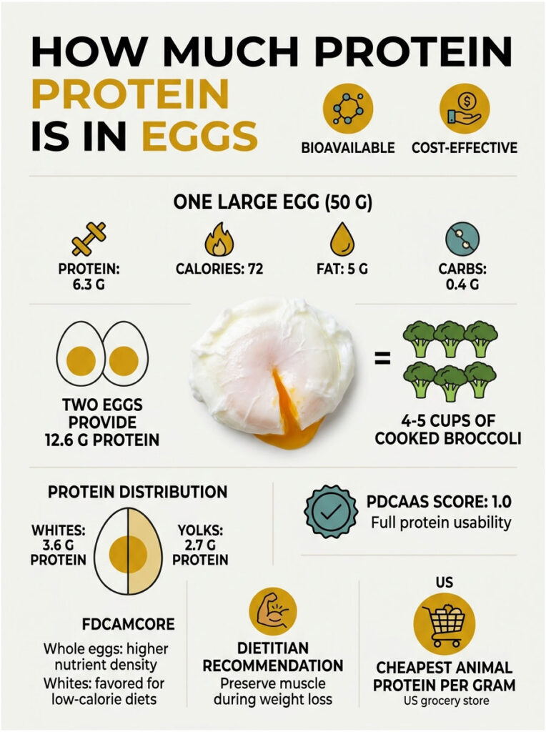Infographic showing protein content in eggs, including nutritional values and comparisons to broccoli.
