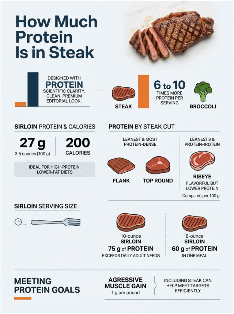 Infographic showing protein content in steak, including sirloin protein, calories, and comparisons with broccoli.