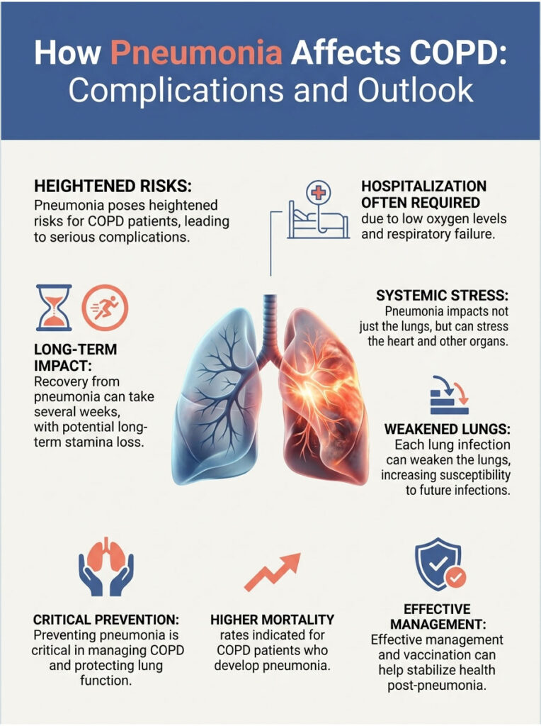 Infographic showing how pneumonia affects COPD with text on risks, hospitalization, and management strategies.