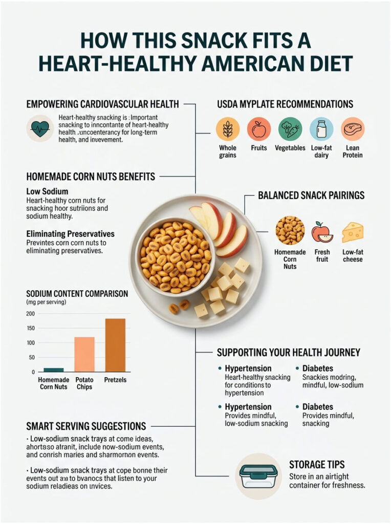 Infographic showing benefits of homemade corn nuts for heart health, including sodium comparison and snack pairings.