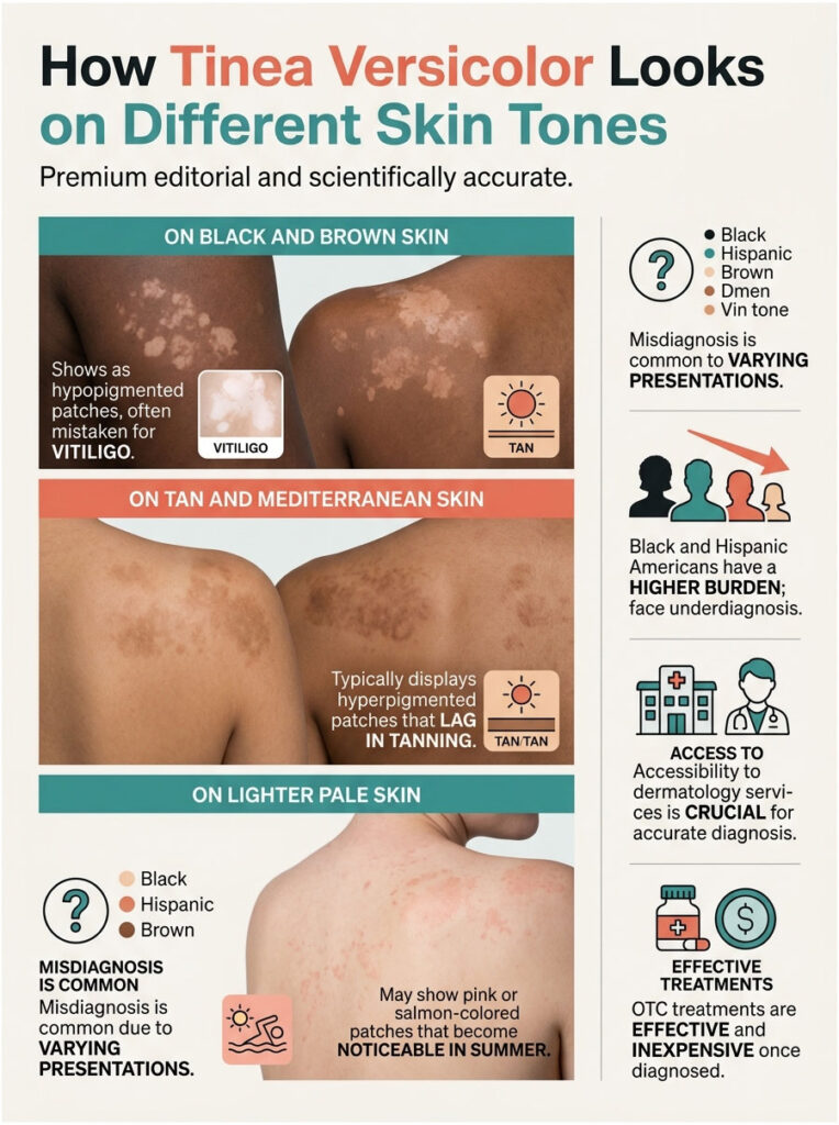 Infographic showing Tinea Versicolor on various skin tones with descriptions and visuals of skin patches.