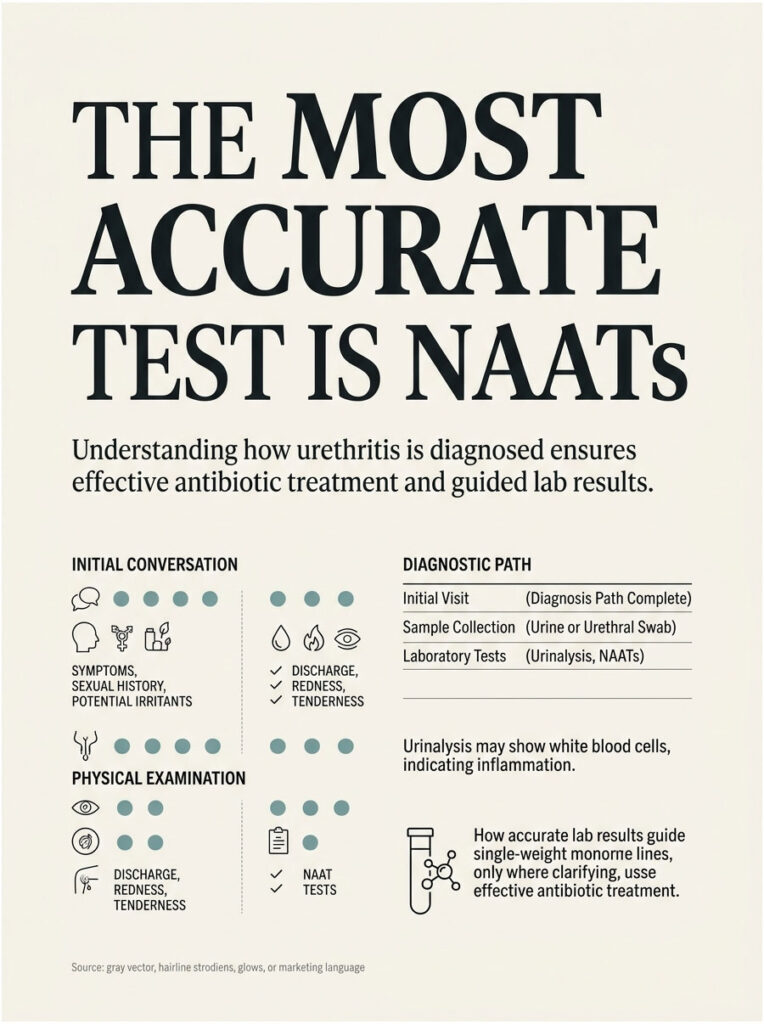 Infographic explaining urethritis diagnosis, including symptoms, tests, and treatment guidance.