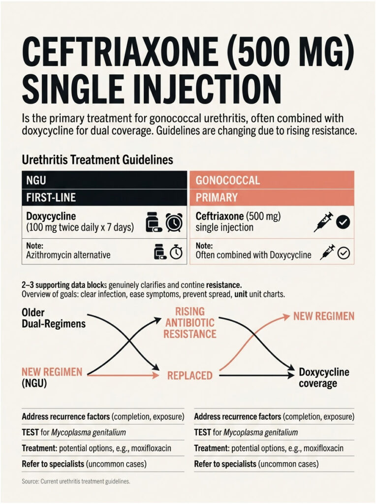 Infographic detailing Ceftriaxone (500 mg) single injection for gonococcal urethritis treatment guidelines.