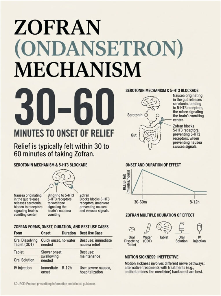 Infographic explaining Zofran mechanism, onset of relief, and usage forms with charts and illustrations.