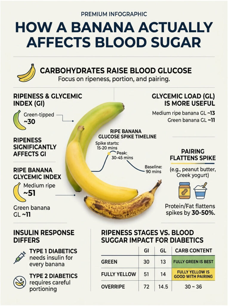 Infographic showing how banana ripeness affects blood sugar, including glycemic index and load data.
