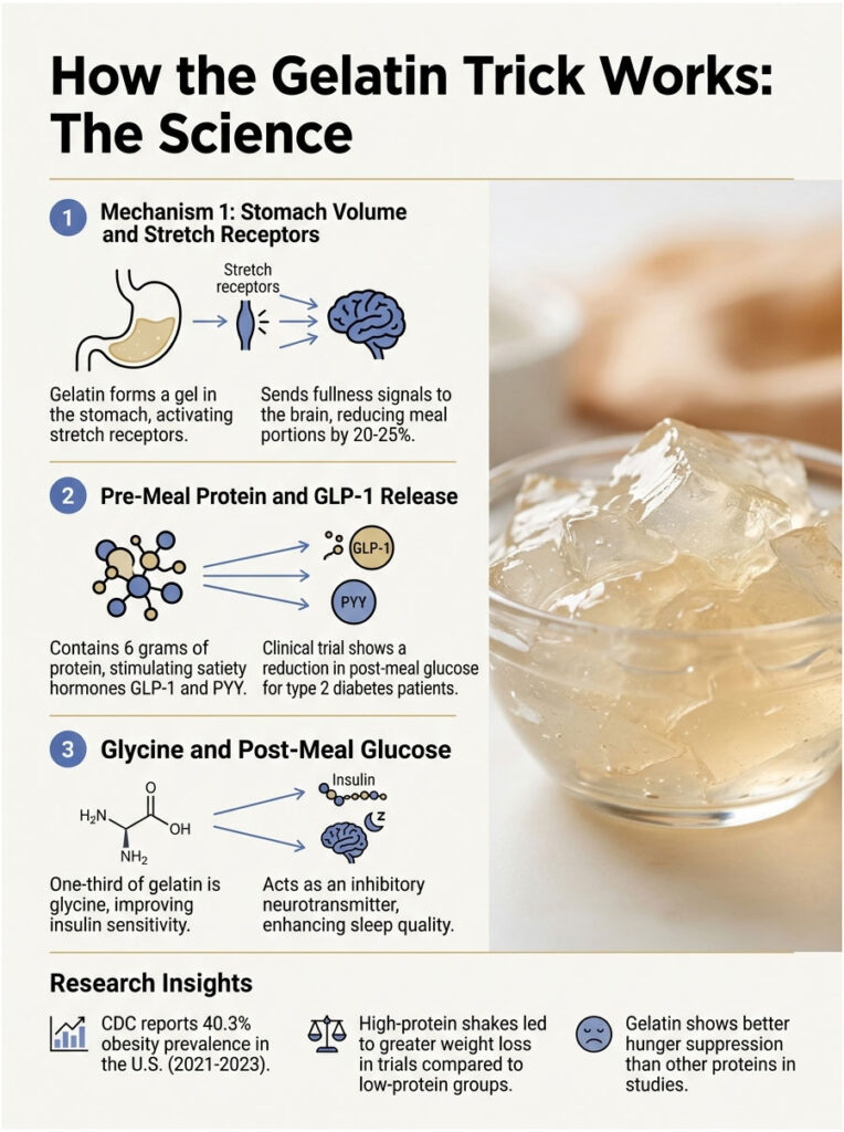 Infographic explaining how gelatin affects appetite and glucose levels with illustrations and data points.