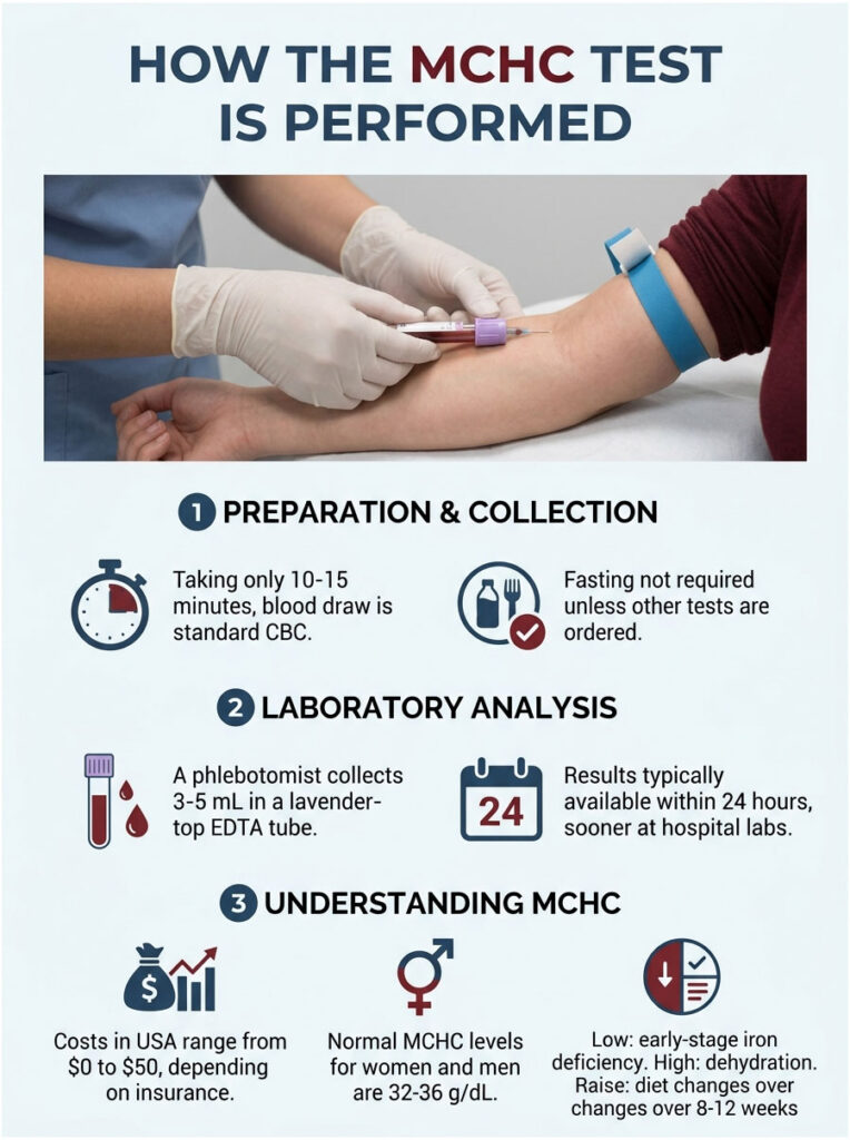 Infographic explaining MCHC test procedure, including preparation, collection, and analysis steps with icons.