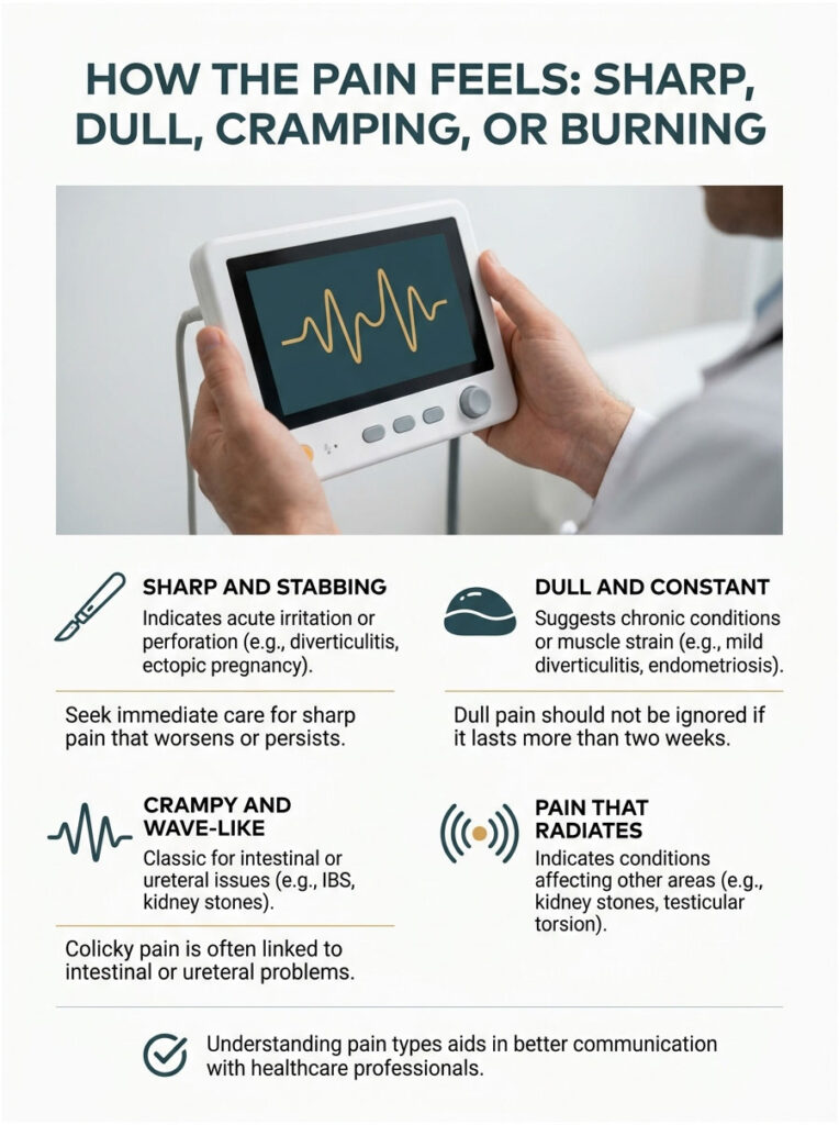Infographic explaining types of pain: sharp, dull, cramping, and burning with medical illustrations and advice.