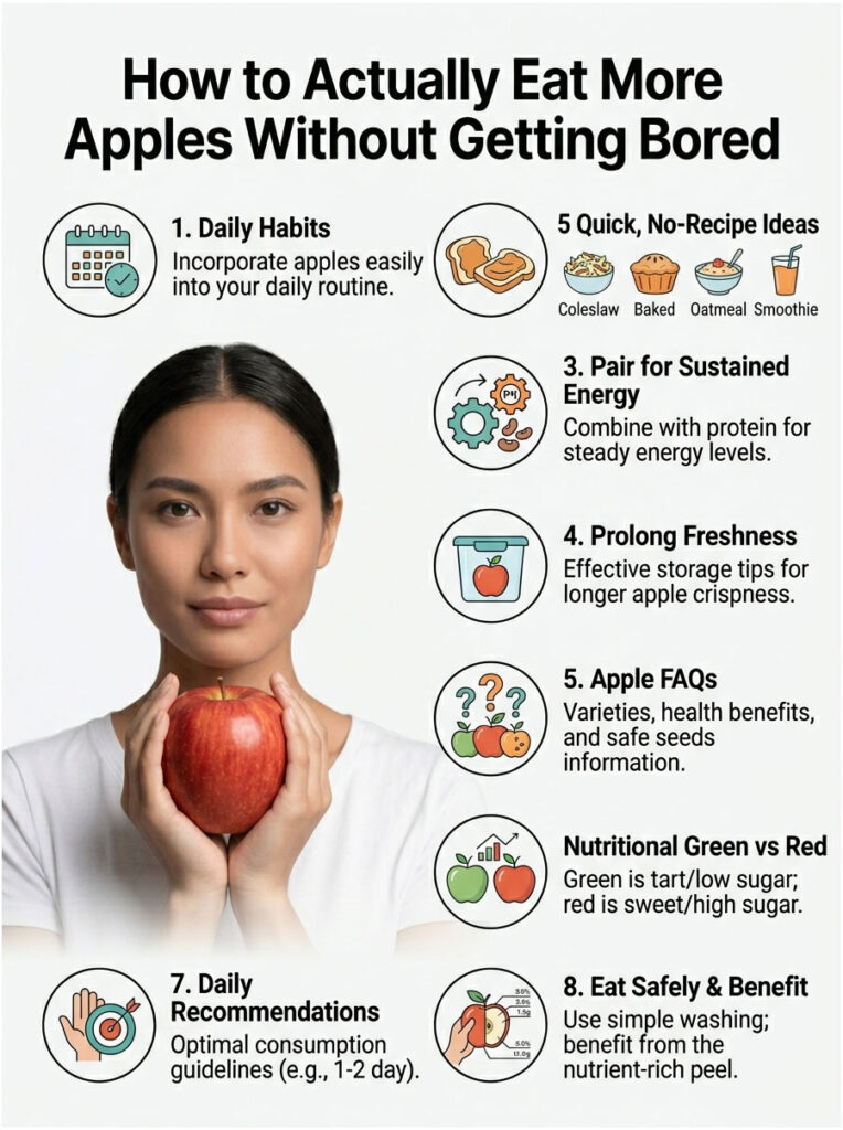 A woman holds an apple while surrounded by tips on eating apples, including daily habits and recipes. Infographic.