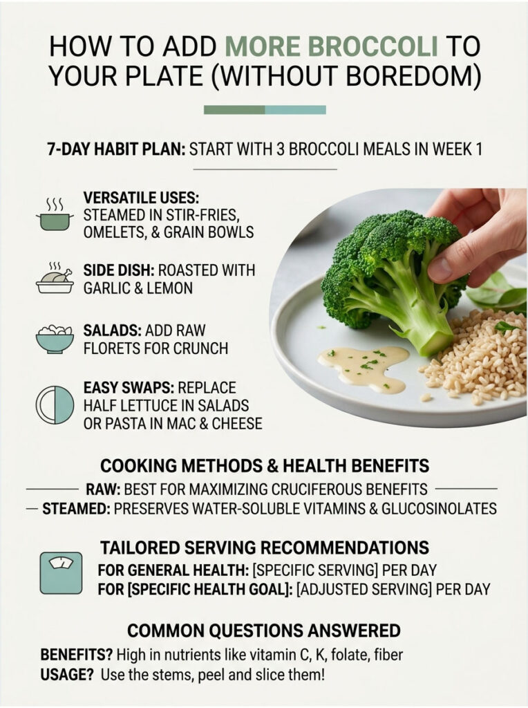 Infographic showing ways to add broccoli to meals, including recipes and health benefits with images of broccoli and grains.