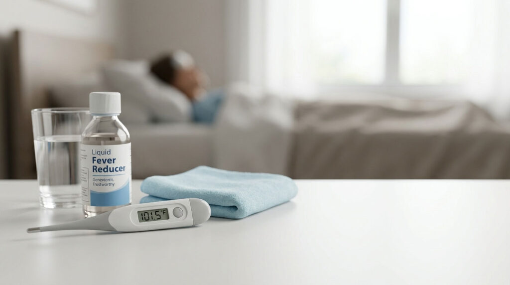 A bottle of liquid fever reducer, thermometer, and glass of water on a table with a person resting in bed in the background.