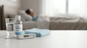 A bottle of liquid fever reducer, thermometer, and glass of water on a table with a person resting in bed in the background.