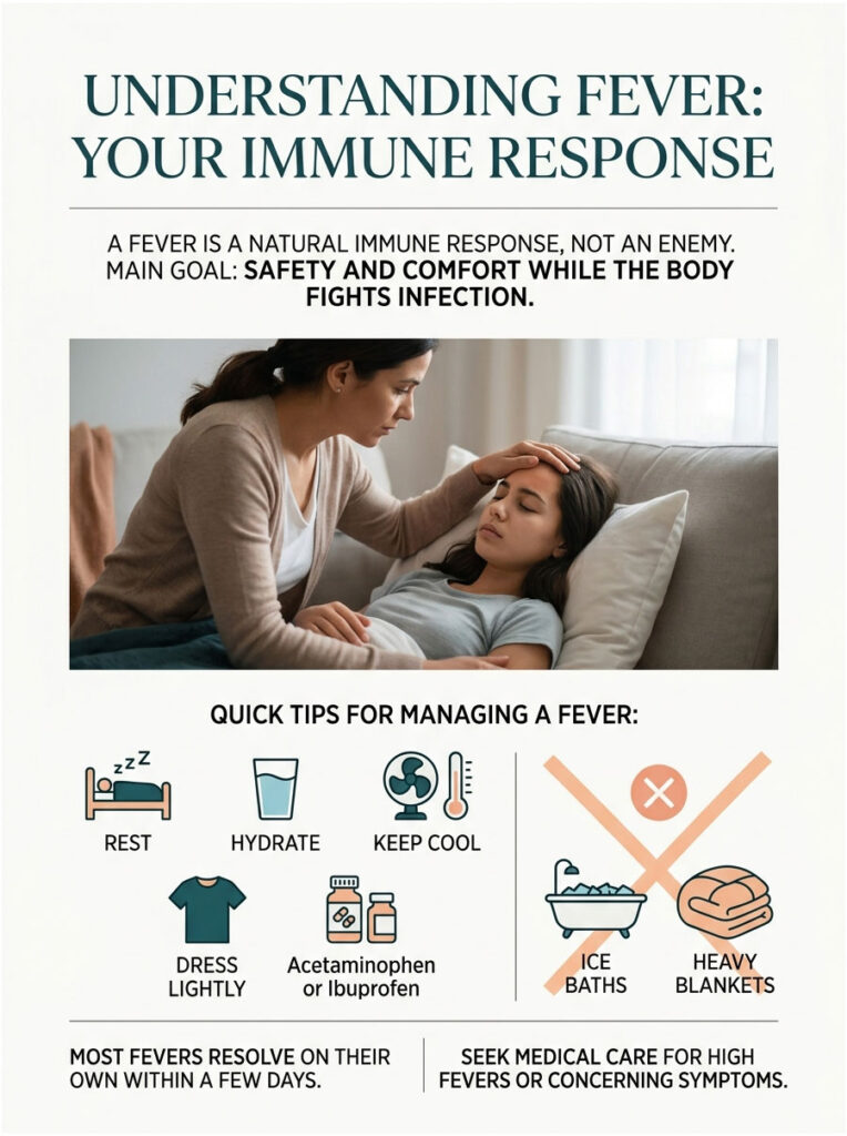 Woman comforts a girl with a fever; tips include rest, hydration, and avoiding ice baths. Infographic.