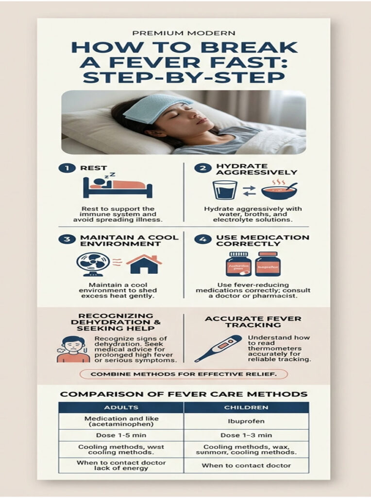 Infographic detailing steps to break a fever fast, including rest, hydration, and medication use.