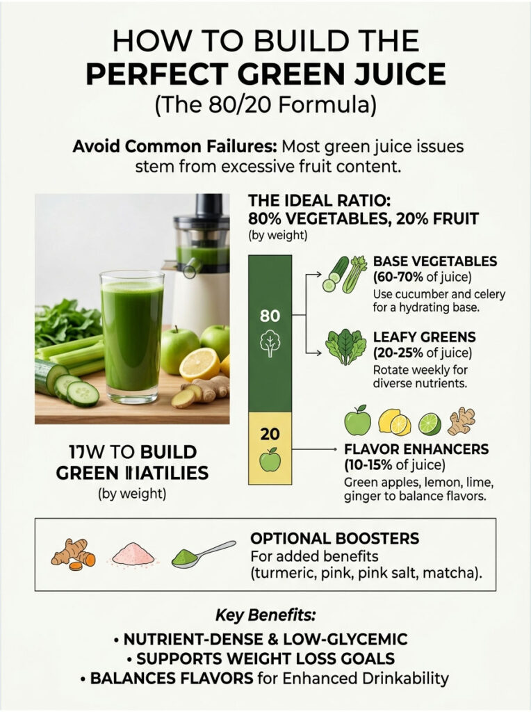 Infographic showing how to build the perfect green juice with ratios, ingredients, and benefits.