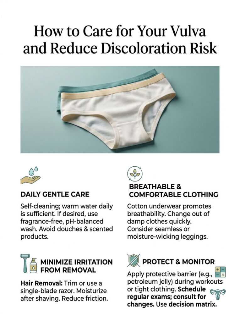 Infographic on vulva care with tips on daily care, clothing, hair removal, and monitoring health.