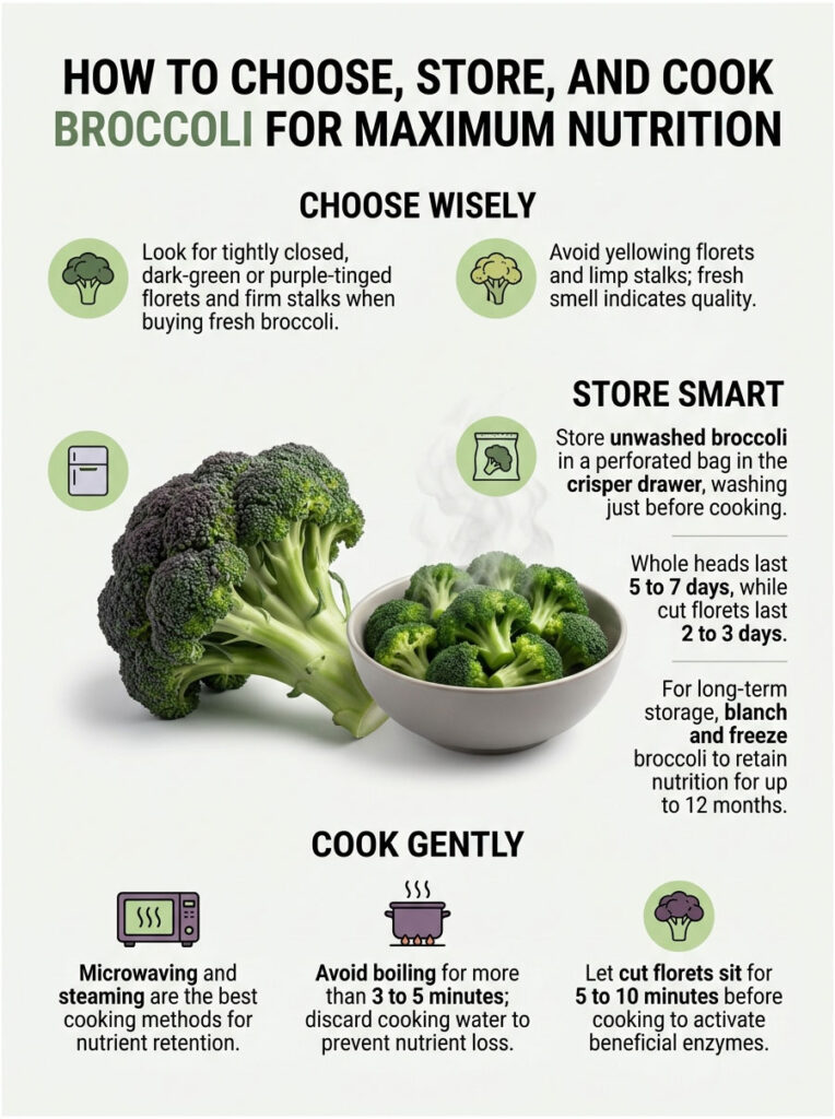Infographic on choosing, storing, and cooking broccoli for maximum nutrition, featuring tips and illustrations.