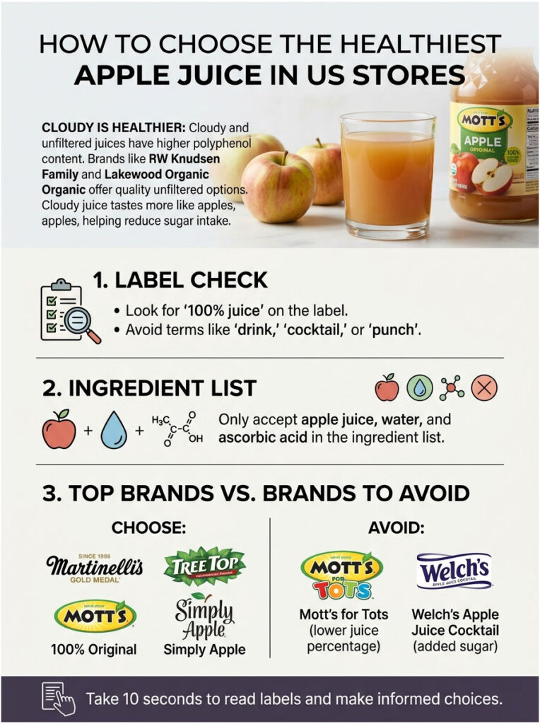 Infographic on choosing healthy apple juice, featuring labels, ingredients, and recommended brands.