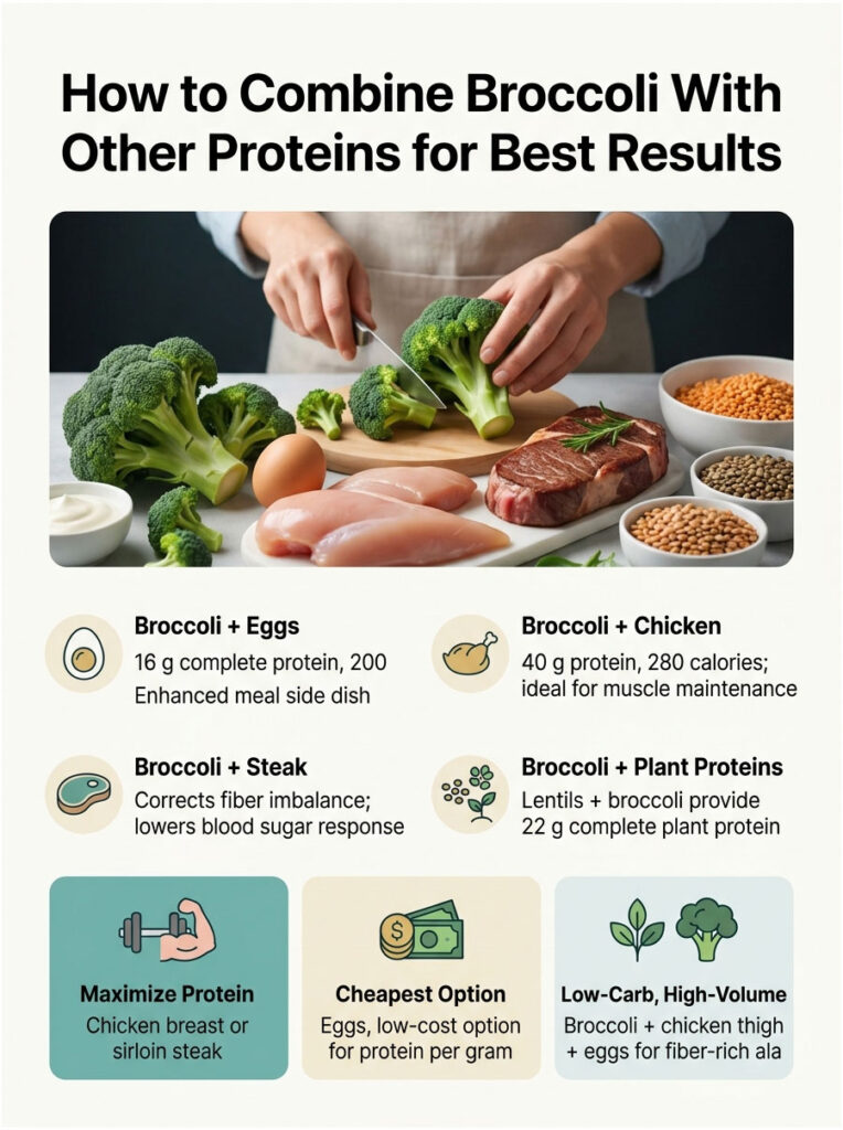 Infographic showing how to combine broccoli with proteins like eggs, chicken, steak, and plant proteins for best results.